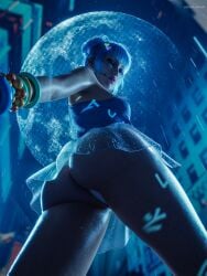 2023 blue_hair blue_moon_(cyberpunk_2077) clothing cyberpunk_2077 ecksoh female female_only human idol lipstick panties raining skirt underwear visible_underwear