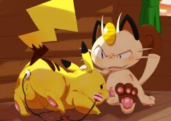 2boys blush curtains electrostimulation fangs feline furry gay green_curtains hand_on_another's_head licking_balls male_focus male_only meowth open_mouth pawpads pikachu pokemon pokemon_(species) pokemon_rgby rodemaru tape vibrator_in_ass wooden_floor yaoi