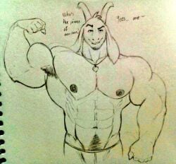 abs asriel_dreemurr body_hair flexing goat hyper_muscle hyper_muscles itzcharlie kosmonius male male_only monster muscular muscular_male necklace nipples pecs pencil_(artwork) solo solo_male text undertale undertale_(series) underwear