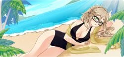 1girls black_swimsuit blonde_hair closed_eyes crush_crush glasses one-piece_swimsuit renee_(crush_crush) sad_panda_studios swimsuit