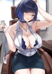 1girls blue_hair breasts female genshin_impact green_eyes hips huge_breasts light-skinned_female light_skin massive_breasts naughty_face office_lady short_hair thick_thighs thighs tinnies wide_hips yelan_(genshin_impact)