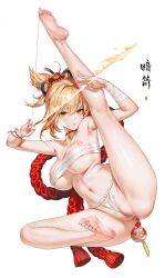 anal anal_object_insertion areola_slip armpits arms_up arrow_(projectile) bandaged_chest bandaged_wrist bandages barefoot blonde_hair bow_(weapon) breasts buttplug chest_tattoo chinese_commentary chinese_text choker commentary_request da_mao_banlangen feet female fire flower_tattoo full_body genshin_impact hair_ornament high_ponytail highres holding holding_arrow holding_weapon improvised_weapon jewelry kanzashi kneepits large_breasts leg_up legs looking_at_viewer navel object_insertion orange_eyes panties parted_lips pendant_choker ponytail pubic_tattoo pussy red_choker rope sarashi sex_toy shimenawa shiny_skin short_ponytail sidelocks simple_background sitting soles solo split spread_legs stomach string tattoo thighs toe_ring toes underwear weapon white_background white_panties wristband yoimiya_(genshin_impact)