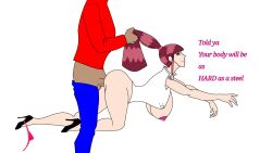 1boy 1girls coat english_text female legs male milf ponytail pulling pussy rough seduction seductive sex shirt smile text vaginal_penetration white_background
