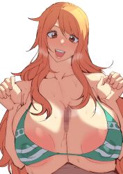 1boy 1girls areola_slip areolae between_breasts boobjob breasts censored female long_hair looking_at_viewer male nami nami_(one_piece) one_piece orange_hair paizuri pobotto post-timeskip