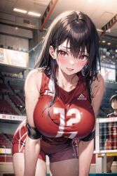 1girls ai_generated black_hair curvy_body curvy_female curvy_figure female_only hi_res huge_breasts looking_at_viewer seductive_look stable_diffusion volleyball_uniform voluptuous_female