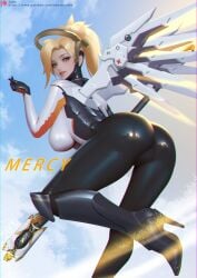 ass_focus blonde_hair halo high_heel_boots high_heels latex latex_bodysuit latex_clothing latex_gloves latex_suit looking_back looking_over_shoulder mercy overwatch ponytail reflection sade75311 sade_abyss simple_background stiletto_heels wings