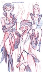 anthro ass bottomless clothed clothing foreskin genitals heart helluva_boss hi_res long_penis male male_only meesh multiple_poses owl_demon penis pose shirt shirt_only simple_background sketch_page smile solo stolas_(helluva_boss) topwear topwear_only white_background