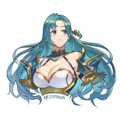 1girls aqua_hair armor artist_name bare_shoulders braid breastplate breasts chloe_(fire_emblem) cleavage commentary cropped_torso earrings female female female_only fire_emblem fire_emblem_engage green_eyes jewelry large_breasts long_hair looking_to_the_side meziosaur nintendo pauldrons shoulder_armor simple_background single_braid solo upper_body very_long_hair white_background