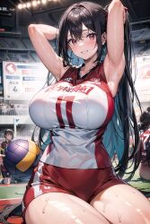 1girls ai_generated black_hair curvy_female curvy_figure female_focus female_only hi_res huge_breasts long_hair solo_female solo_focus stable_diffusion volleyball volleyball_uniform