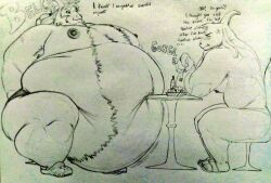 asgore_dreemurr asriel_dreemurr body_hair dialogue eating fat father_and_son itzcharlie kosmonius male male_only moobs morbidly_obese morbidly_obese_male muscular muscular_male nipples obese obese_male overweight overweight_male pencil_(artwork) sitting text undertale undertale_(series) weight_gain