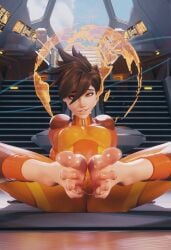 1girls 3d barefoot blizzard_entertainment british brown_hair feet female female_only foot_fetish foot_focus foot_pussy kreamu lena_oxton looking_at_viewer oiled_feet overwatch overwatch_2 short_hair solo toes_spread tracer yoga_mat