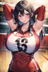 1girls ai_generated black_hair curvaceous curvy_figure female_focus female_only huge_breasts looking_at_viewer solo_female stable_diffusion volleyball_uniform voluptuous_female