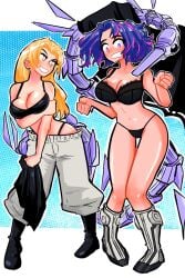 2girls black_boots blonde_hair boots bra breasts crossover female female_only garuda_(jujutsu_kaisen) gray_pants jujutsu_kaisen kaina_tsutsumi lady_nagant monster multiple_girls my_hero_academia panties purple_eyes purple_hair sonchapo stripping surprised yellow_eyes yuki_tsukumo