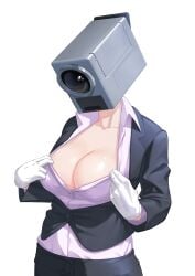 areola_slip big_breasts camera camera_head camera_woman camerawoman cleavage female female_only fully_clothed genderswap_(mtf) gloves humanoid looking_at_breasts looking_down mascot movie_thief no_bra no_more_movie_thief object_head open_shirt rule_63 solo suit toei_animation transparent_background white_gloves woman