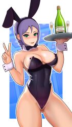 breasts bunnysuit female female_only fully_clothed mwxxxart nipple_tape oc open_mouth original original_character revealing_clothes skimpy_clothes solo solo_female tagme tray v waitress