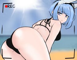 1girls alternate_costume ass ass_focus back back_view bare_back bare_thighs beach bent_over bikini black_bikini black_swimsuit blue_eyes blue_hair breasts camera_view female female_only fire_emblem fire_emblem_heroes large_ass light_blue_hair looking_back medium_breasts medium_hair nifl_(fire_emblem) nintendo ocean outdoors recording solo swimsuit tavi_(hosheezus) thick_thighs thighs