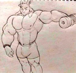 2d 2d_(artwork) 2d_artwork anthro asriel_dreemurr bulge dumbbell goat hyper_muscle hyper_muscles itzcharlie kosmonius male male_only monster muscles muscular muscular_male nipples pecs shorts solo solo_male tagme undertale undertale_(series) workout