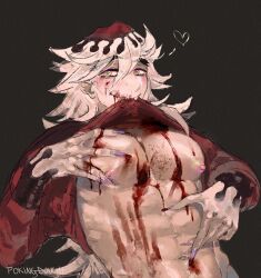 abs big_pecs blonde_hair blood blush demon_boy demon_slayer douma fangs kimetsu_no_yaiba long_fingernails long_hair long_hair_male male male_only multicolored_eyes muscular muscular_male pec_grasp pecs pokingdough rainbow_eyes sharp_fingernails shirt_in_mouth shirt_up smile solo spiky_hair thick_eyebrows