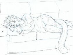 2017 anthro biped black_and_white bottomless bottomless_female breasts cheetah clothed clothing eyebrows facial_markings felid feline female furniture genitals hair head_markings king_cheetah leopard_spots lying lying_on_sofa malachyte mammal markings monochrome on_side on_sofa pussy shirt shirt_only short_hair sigma117 small_breasts sofa solo spots spotted_body teeth topwear topwear_only