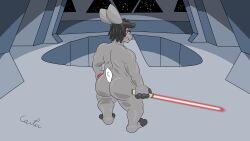 absurd_res angry anthro ass bear big_butt big_hands hi_res inside lagomorph leporid lightsaber major_carter male mammal melee_weapon muscular pknicky_(pknicky) rabbit sith slightly_chubby solo star_destroyer star_wars weapon