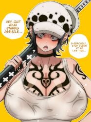 angry big_breasts black_hair black_nails blush breasts_bigger_than_head canon_genderswap chest_tattoo choker cleavage earrings english_text female female_only genderswap_(mtf) gigantic_breasts hat headwear hi_res huge_breasts katana looking_at_viewer nail_polish naoillus nipples_visible_through_clothing no_bra one_piece rule_63 shaded_face shiku_shiku_no_mi short_hair shounen_jump solo speech_bubble sword tank_top tattoo tattoos tomboy trafalgar_law trafalgar_law_(female) upper_body weapon wet_skin wide_eyed yellow_background