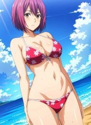 1girls ai_generated arato_hisako beach big_breasts bikini breasts brown_eyes busty cleavage female female_only hi_res large_breasts legs looking_at_viewer navel pale-skinned_female purple_hair shokugeki_no_souma short_hair sweat thighs voluptuous water wet