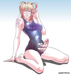 1futa blonde_hair blue_eyes bulge covered_nipples dmitrys erect_nipples erection futa_only futanari glasses intersex kneeling megane mizugi solo solo_futa tattoo tied_hair torn_clothes torn_swimsuit twintails