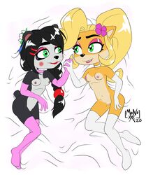 2girls anthro bandicoot bed black_hair blonde_hair coco_bandicoot crash_(series) female gloves multiple_girls nipples panda small_breasts socks yaya_panda yuri