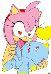 amy_rose anthro balls big_penis blush bodily_fluids chao_(sonic) cheese_the_chao closed_eyes colored duo edit erection eulipotyphlan excito eyelashes female genital_fluids genitals hair_accessory hairband handjob heart-shaped_pupils hedgehog humanoid interspecies looking_at_another lying male mammal masturbating nail_polish on_back open_mouth penile penis sex size_difference smaller_male sonic_(series) straight third-party_edit tongue_out vein wide_eyed