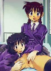 braid brown_hair censored female fingering kamisimo_90 multiple_girls necktie nopan open_mouth purple_eyes pussy_juice school_uniform sitting skirt_lift spread_legs sweat thighhighs tied_hair twin_braids twintails yuri