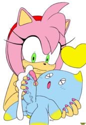 amy_rose anthro balls big_penis blush bodily_fluids chao_(sonic) cheese_the_chao closed_eyes colored cum cum_on_hand cum_on_penis duo edit erection eulipotyphlan excito eyelashes female genital_fluids genitals hair_accessory hairband handjob hedgehog humanoid interspecies looking_at_another lying male mammal on_back open_mouth penile penis sex sonic_(series) straight thick_cum third-party_edit wide_eyed