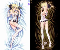 ahoge artist_request artoria_pendragon artoria_pendragon_(lily) bare_shoulders blonde_hair blush bow caliburn dakimakura detached_sleeves erect_nipples fate/grand_order fate/unlimited_codes fate_(series) garter_straps green_eyes hair_ribbon hairbow kneepits lace legs nipples oppai panties ponytail sheathed solo sword thighhighs tied_hair type-moon vagina weapon