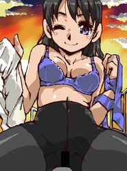 black_hair blue_eyes bra censored cleavage kamisimo_90 nopan pantyhose smile spread_legs undressing wink