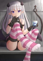 1girls feet female female_only foot_lick hip_wings long_hair naruse_maria pink_socks pointy_ears purple_eyes shinmai_maou_no_testament socks solo striped_socks succubus succubus_costume succubus_tail succubus_wings tail thigh_socks thighhighs white_hair white_socks