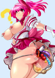 anal anal_beads anus ass banana blush bowtie breasts catheter censored female female_urethral_insertion food frills fruit gloves insertion marimo marimo_(ankokumarimo) nipple_piercing nipples no_bra no_panties nopan oppai peeing piercing pink_eyes pink_hair pointless_censoring pussy simple_background skirt tied_hair twintails upskirt urethral_insertion urine vagina vibrator