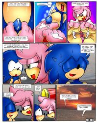 2016 4_toes amy_rose anthro anthro_on_anthro barefoot beach big_eyes blue_body blue_fur blue_hair blue_penis blush bodily_fluids bottomwear clothed clothing comic cum cum_on_body cum_on_feet detailed_background dialogue duo ejaculating_cum ejaculation english_text eulipotyphlan eye_contact feet female female_on_anthro femdom foot_fetish foot_play footjob fur genital_fluids genitals green_eyes hair half-closed_eyes hammer hedgehog hi_res humanoid_feet humanoid_genitalia humanoid_penis kneeling looking_at_another looking_pleasured lying male male/female male_on_anthro mammal massage narrowed_eyes nervous nervous_smile on_back open_mouth outside partially_clothed penis pink_body pink_fur pink_hair plantigrade red_bottomwear red_clothing red_shorts sand seaside sega sex short_hair shorts smile soles sonic_(series) sonic_the_hedgehog sonic_the_hedgehog_(series) speech_bubble sweat text threatening toes tools two-footed_footjob weapon xptzstudios