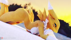 16:9 3d_(artwork) anthro ass bandai_namco canid clothed clothing digimon digimon_(species) digital_media_(artwork) female foxventus fur hi_res looking_at_viewer mammal renamon renamon_(warfaremchine) solo widescreen yellow_body yellow_fur