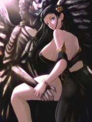 1girls bare_back bare_shoulders bare_thighs black_dress black_hair blue_eyes bracelet female female_only looking_at_viewer nico_robin one_piece opalisart post-timeskip revealing_clothes statue tagme thigh_grab