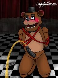 3:4 animatronic anthro bear blush bodily_fluids bondage bound cum five_nights_at_freddy's freddy_(fnaf) genital_fluids machine male male_only mammal peeing peeing_on_ground precum robot sagefullmoon scottgames solo sweat sweatdrop