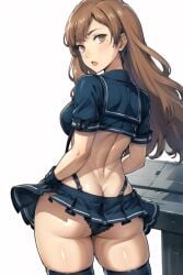 ai_generated ass ass_cleavage blush breasts brown_eyes brown_hair butt_crack female from_behind gloves goddess_of_victory:_nikke long_hair looking_at_viewer looking_back miniskirt miranda_(nikke) open_mouth panties police police_uniform policewoman shiny shiny_hair shiny_skin sideboob skirt smile solo thick_thighs twintails very_long_hair