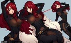 1girls atlus belt big_breasts bodysuit drill_hair eightyfour eightyfourart fur_coat gun holstered_weapon long_hair looking_at_viewer megami_tensei mitsuru_kirijo persona persona_3 persona_4_arena rapier red_eyes red_hair smile solo sword thick_thighs thighs