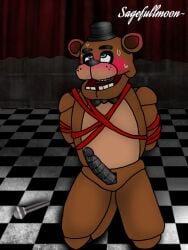 3:4 animatronic anthro bear blush bodily_fluids bondage bound cum five_nights_at_freddy's freddy_(fnaf) genital_fluids machine male male_only mammal precum robot sagefullmoon scottgames solo sweat