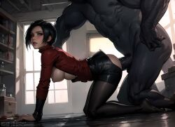 1boy 1boy1girl 1girls ada_wong ai_generated all_fours asian bent_over big_penis black_hair black_legwear capcom doggy_style feet female from_behind huge_cock indoors large_insertion male monster mr_x puffyart resident_evil resident_evil_2 sex sex_from_behind short_hair size_difference stockings sweater torn_clothes turtleneck turtleneck_sweater tyrant