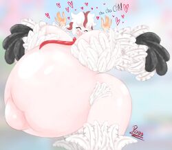 :d belly bird bloated_belly breasts bunny_pose curvy feathered_wings feathers female female_focus female_only gigantic_belly gigantic_breasts happy harpy harpy_humanoid huge_belly huge_breasts hyper hyper_belly hyper_breasts hyper_pregnancy pregnant summeryfortuna tie white_hair yellow_eyes