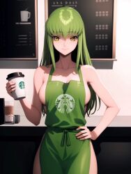 1girls 2023 ai_generated big_breasts c.c. code_geass completely_naked completely_naked_female completely_nude completely_nude_female curvy curvy_body curvy_female curvy_figure curvy_hips female green_eyes green_hair guilegaze hand_on_hip large_breasts long_hair looking_at_viewer naked naked_apron naked_apron_woman naked_female nipples_covered nude nude_female pixiv slim_girl slim_waist smile smiling smiling_at_viewer stable_diffusion starbucks staring_at_viewer