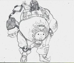 activision belly_button big_belly blizzard_entertainment body_hair breasts fat fat_man gas_mask huge_belly human itzcharlie kosmonius male male_only mask monochrome morbidly_obese morbidly_obese_male obese obese_male overwatch overweight overweight_male pants roadhog solo solo_male tattoos