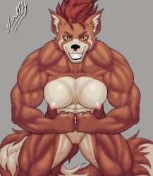 abs absurd_res amber_eyes anthro breasts clitoris erect_clitoris exposed_breasts female flexing genitals hi_res mammal maxi_(demondawgy96) muscular muscular_female nipple_piercing nipples piercing procyonid raccoon smile smiling_at_viewer solo vein weslly34