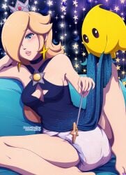 1girls bed black_dress blonde_hair blue_eyes breasts choker clothing_cutout crown diaper diaper_under_clothing dress dress_lift earrings hair_over_one_eye holding_wand large_breasts lazyblazy lazyblazy_(artist) legs_open long_hair luma mario_(series) nintendo on_bed painted_fingernails painted_toenails pillow princess_rosalina star_cutout star_earrings starry_night_dress_(sarukaiwolf) super_mario_galaxy wand