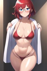 ai_generated bikini blue_eyes blush glasses large_breasts nai_diffusion narrow_waist original original_character red_hair robe rubycks shiny_skin toned_female undressing