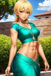 abs ai_generated bangle blonde_hair diffusionlad earrings female female_only garden gyaru harem_outfit indian_clothes jewelry medium_breasts midriff mito_ikumi muscular_female necklace sari shokugeki_no_souma short_hair tanned_female tomboy